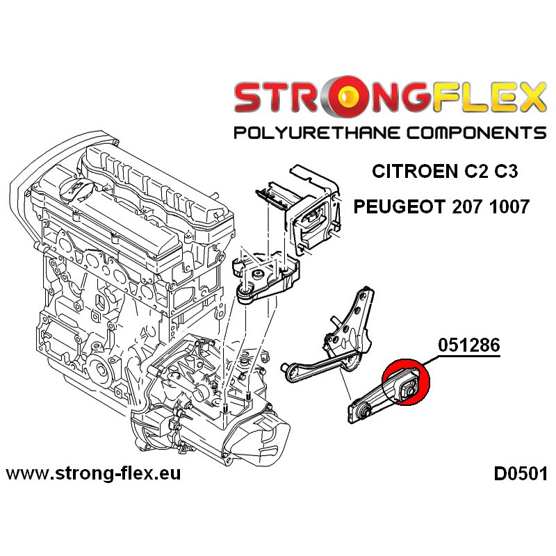 STRONGFLEX|051286A: Einsatz Motoraufhängung hinten unten SPORT Citroën C2 03-09 C3 I 02-12 FC/FN Diagramm Schema:D0501