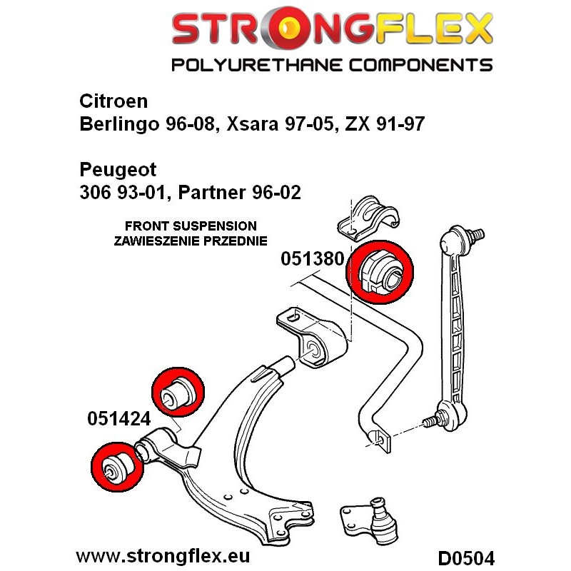 STRONGFLEX|051380A: Front anti roll bar bush SPORT Citroën Xsara 97-05 ZX 91-97 Berlingo I 96-10 Peugeot diagram scheme:D0504