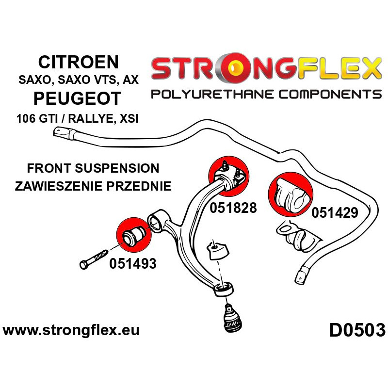 STRONGFLEX|051429A: Front anti roll bar bush SPORT Citroën Saxo/Chanson 97-99 VTS VTR Peugeot 106 91-03 diagram scheme:D0503