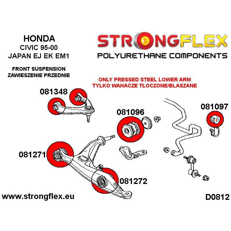 STRONGFLEX|081096A: Front lower rear bush SPORT Honda Civic VI 95-00 EJ/EK EM MA MB MC JAPAN EM1 CR-V I diagram scheme:D0812