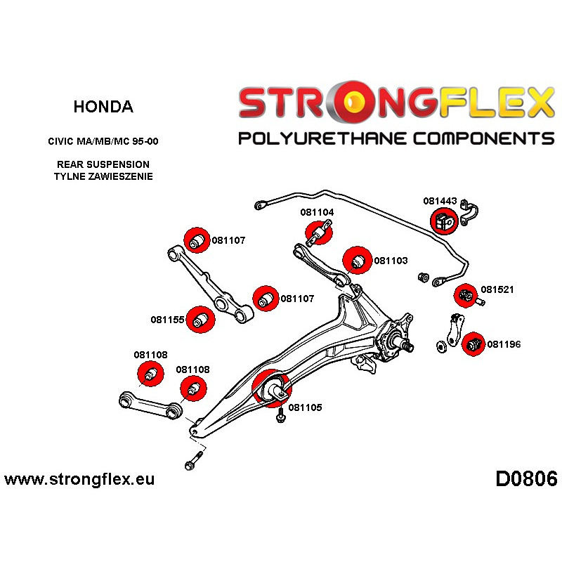 STRONGFLEX|081107A: Outer arm to hub bush inner track arm bush 35mm SPORT Honda Civic V 91-95 EG/EH EJ IV diagram scheme:D0806