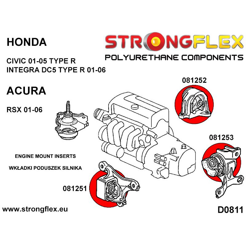 STRONGFLEX|081251A: Engine front mount inserts SPORT Acura RSX 01-06 DC5 Honda Civic VII EU/ES EP EM EV diagram scheme:D0811