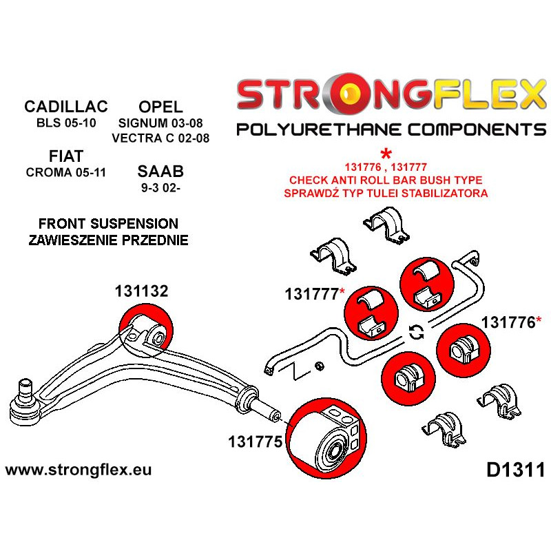 STRONGFLEX|131132A: Front wishbone front bush SPORT Fiat Croma II 05-10 Opel/Vauxhall Ascona C 81-88 diagram scheme:D1311