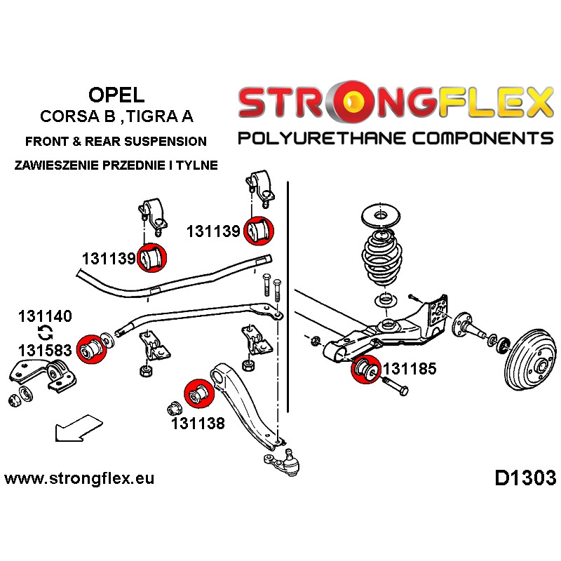 STRONGFLEX|131139A: Tuleja drążka reakcyjnego SPORT Opel/Vauxhall Combo B 93-05 Corsa Nova Vita A diagram schemat:D1303