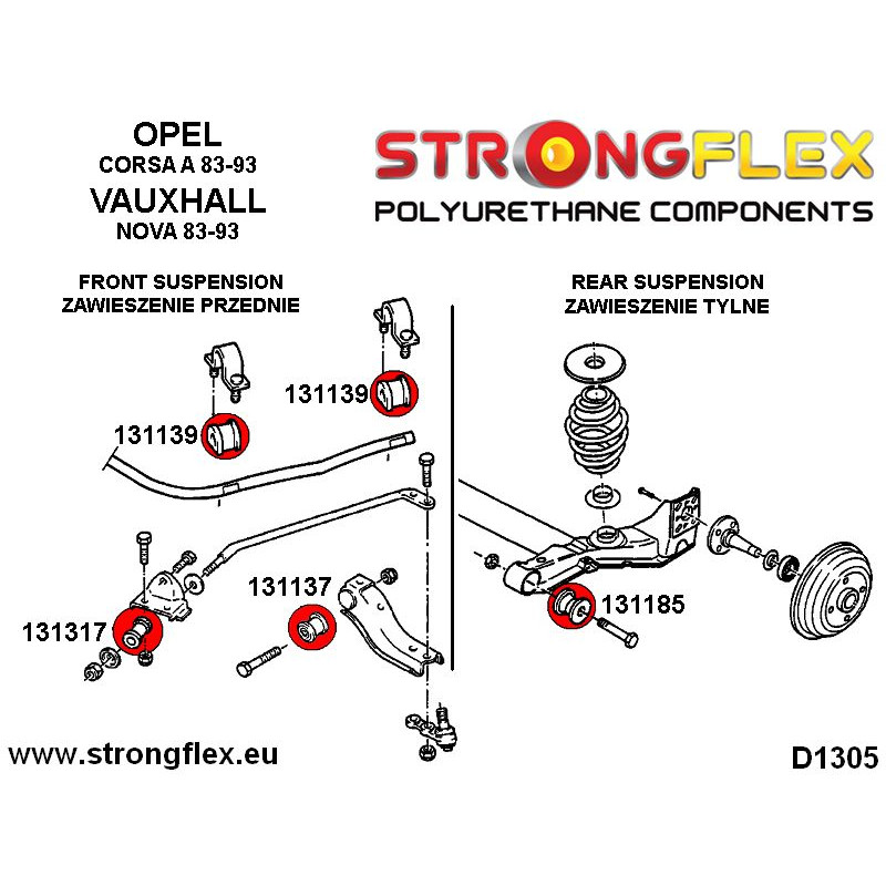 STRONGFLEX|131185A: Rear subframe bush 44mm SPORT Opel/Vauxhall Corsa Nova Vita A 82-93 S83 B 93-00 S93 diagram scheme:D1305