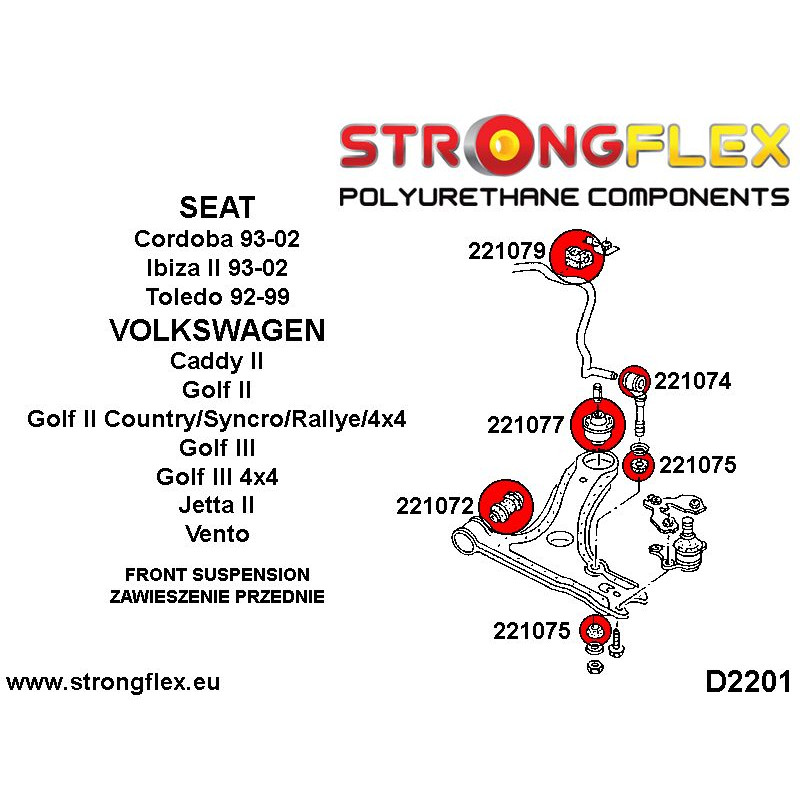 STRONGFLEX|221072A: Front wishbone - front bush 30mm SPORT Audi A3/S3 RS3 I 96-03 8L FWD 99-03 Quattro TT diagram scheme:D2201