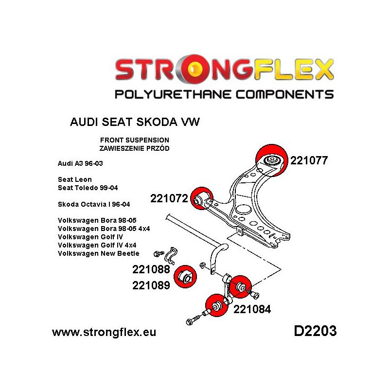 STRONGFLEX|221072A: Front wishbone - front bush 30mm SPORT Audi A3/S3 RS3 I 96-03 8L FWD 99-03 Quattro TT diagram scheme:D2203