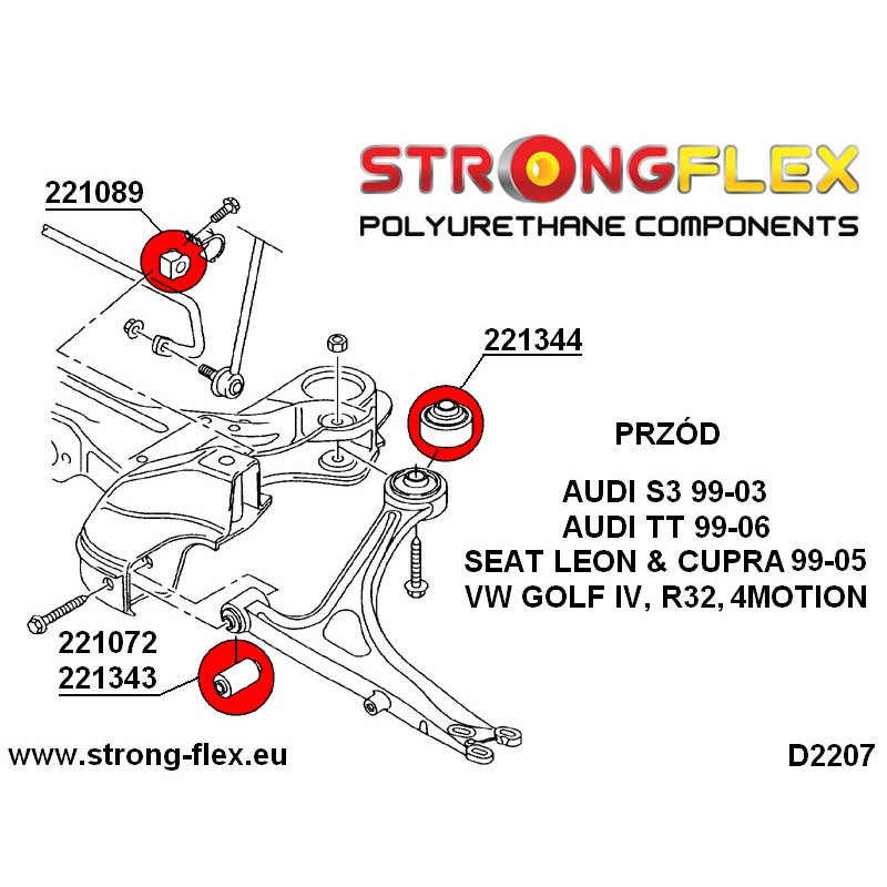 STRONGFLEX|221072A: Front wishbone - front bush 30mm SPORT Audi A3/S3 RS3 I 96-03 8L FWD 99-03 Quattro TT diagram scheme:D2207