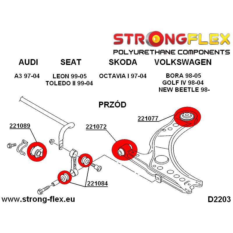 STRONGFLEX|221084A: Anti roll bar link bush SPORT Audi A3/S3 RS3 I 96-03 8L FWD Quattro Seat Leon 99-06 diagram scheme:D2203