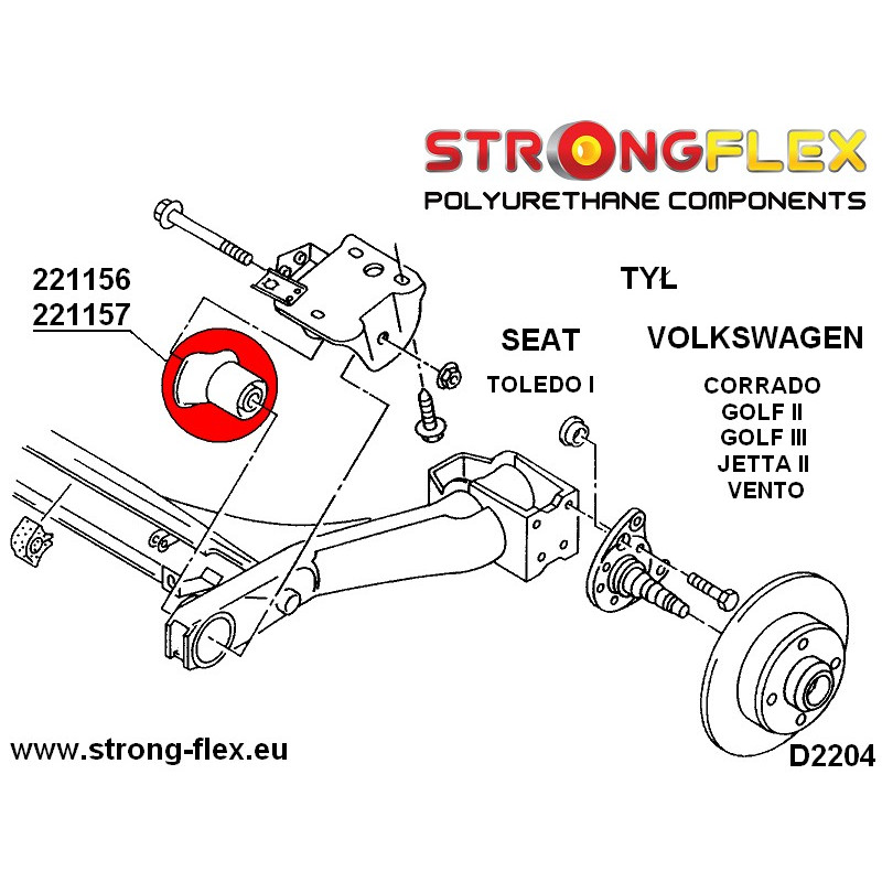 STRONGFLEX|221156A: Tuleja tylnej belki 45mm SPORT Seat Toledo I 92-99 1L Volkswagen Corrado 88-95 Golf diagram schemat:D2204