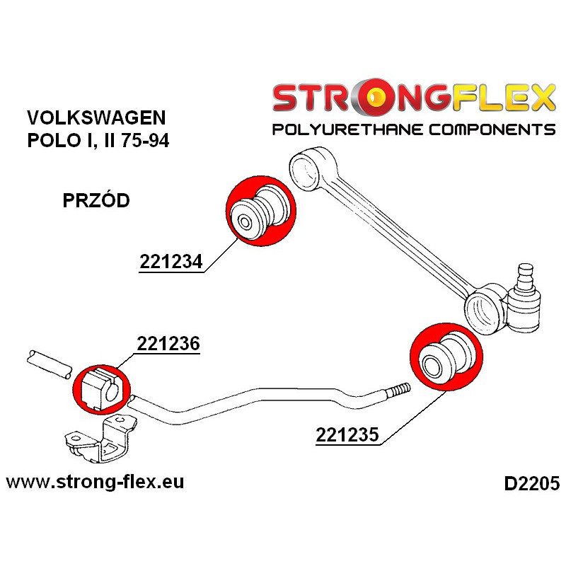 STRONGFLEX|221234A: Front wishbone - inner bush SPORT Audi 50 74-78 Volkswagen Derby 77-81 Polo I/II diagram scheme:D2205