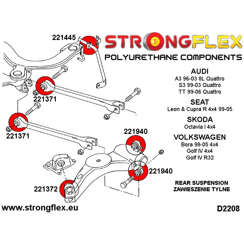 STRONGFLEX|221371A: Rear wishbone inner bush SPORT Audi A3/S3 RS3 I 96-03 8L 99-03 Quattro TT TTS TTRS 8N diagram scheme:D2208