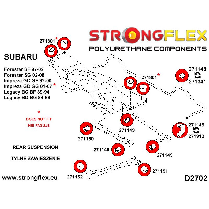 STRONGFLEX|271152A: Rear tie bar to hub front bush SPORT Saab 9-2X 04-06 Subaru Forester I 97-02 SF II diagram scheme:D2702