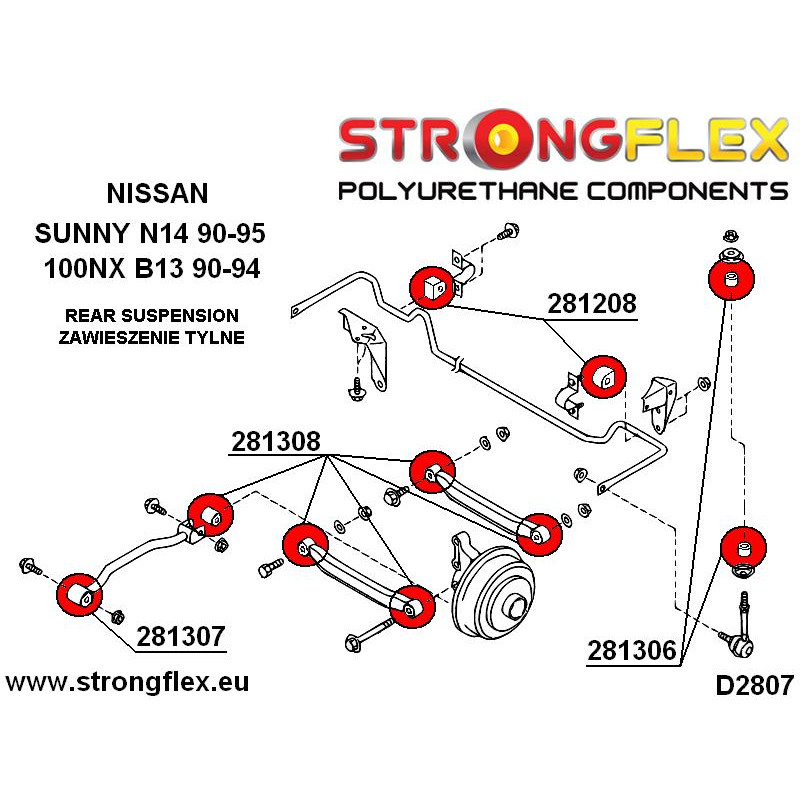 STRONGFLEX|281208A: Rear anti roll bar bush SPORT Nissan 100NX 90-94 B13 Micra II 92-02 K11 Primera I diagram scheme:D2807