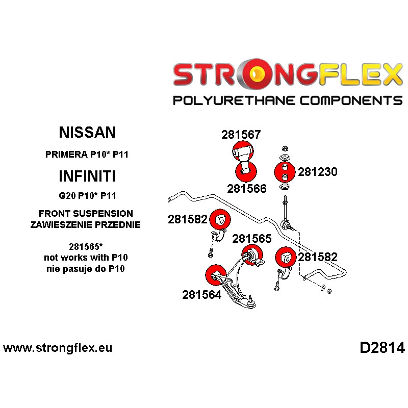 STRONGFLEX|281230A: Buchse vordere Koppelstange SPORT Nissan Micra II 92-02 K11 Primera I 90-96 P10/WP11 Diagramm Schema:D2814