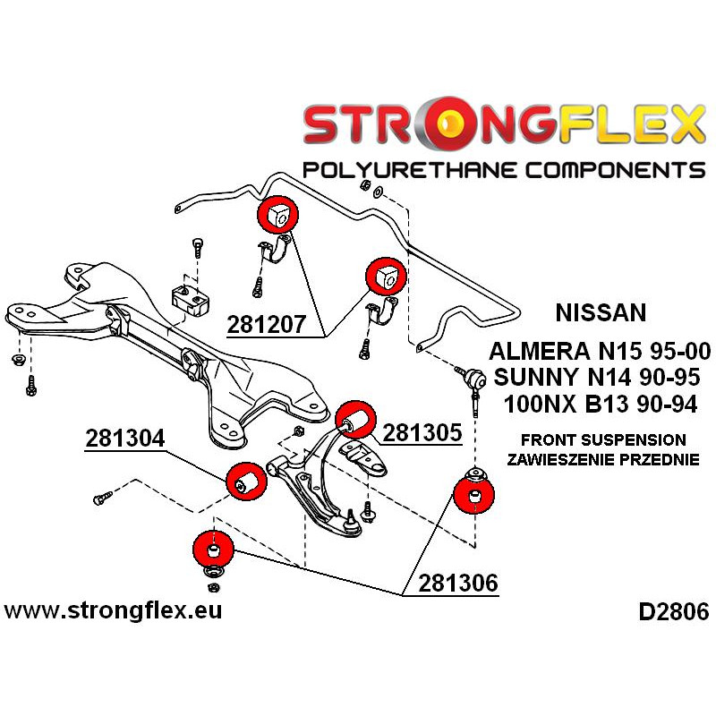 STRONGFLEX|281306A: Anti roll bar link bush SPORT Nissan 100NX 90-94 B13 Almera I 95-00 N15 II 00-06 N16 diagram scheme:D2806