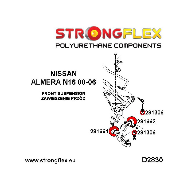 STRONGFLEX|281306A: Anti roll bar link bush SPORT Nissan 100NX 90-94 B13 Almera I 95-00 N15 II 00-06 N16 diagram scheme:D2830