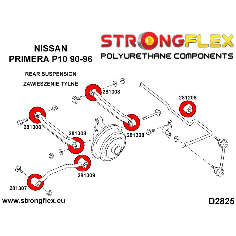 STRONGFLEX|281308B: Outer arm to hub bush and inner track arm bush Nissan 100NX 90-94 B13 Primera I 90-96 diagram scheme:D2825