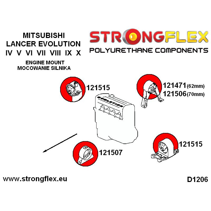 STRONGFLEX|121471B: Front lower diff mount 62mm Mitsubishi Lancer Evolution IV/V VI 96-01 VII VIII IX diagram scheme:D1206