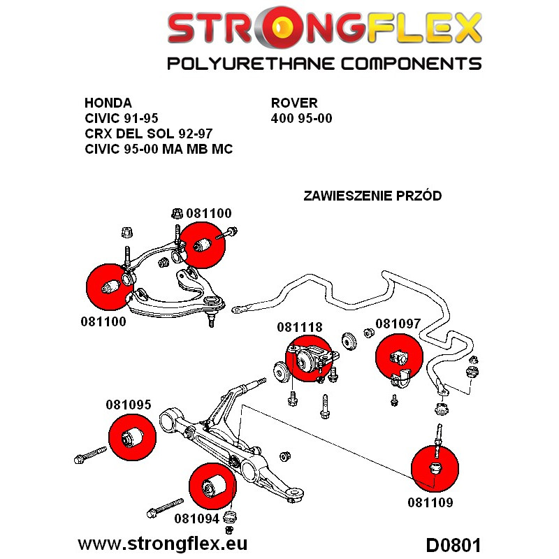 STRONGFLEX|086019A: Polyurethan Buchsensatz Vorderachse SPORT Honda Civic V 91-95 EG/EH EJ VI 95-00 EK EM Diagramm Schema:D0801