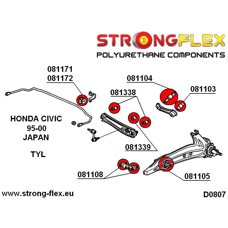 STRONGFLEX|086093A: Rear suspension bush kit SPORT Honda Civic VI 95-00 EJ/EK EM MA MB MC JAPAN EM1 diagram scheme:D0807