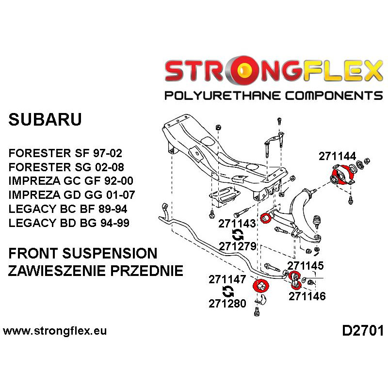 STRONGFLEX|276077A: Suspension bush kit SPORT Saab 9-2X 04-06 Subaru Forester I 97-02 SF Impreza 92-00 GM diagram scheme:D2701