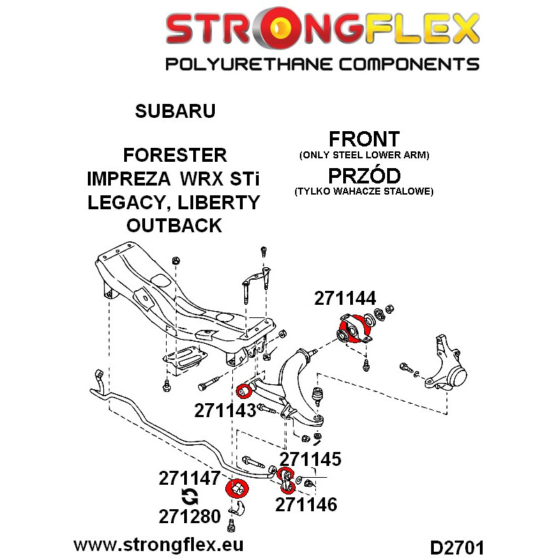 STRONGFLEX|276090A: Zestaw tulei stabilizatorów i łączników przód - tył SPORT Saab 9-2X 04-06 diagram schemat:D2701