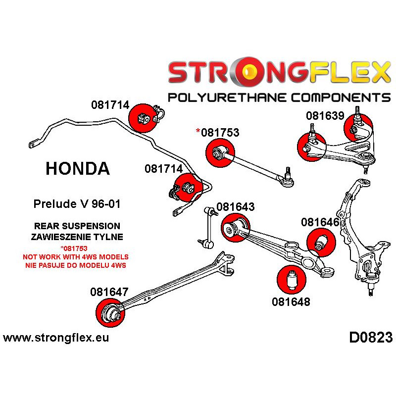 STRONGFLEX|081639A: Tuleja wahacza górnego SPORT Honda Accord IV 90-93 V 94-97 Prelude 92-96 BA/BB 96-01 diagram schemat:D0823