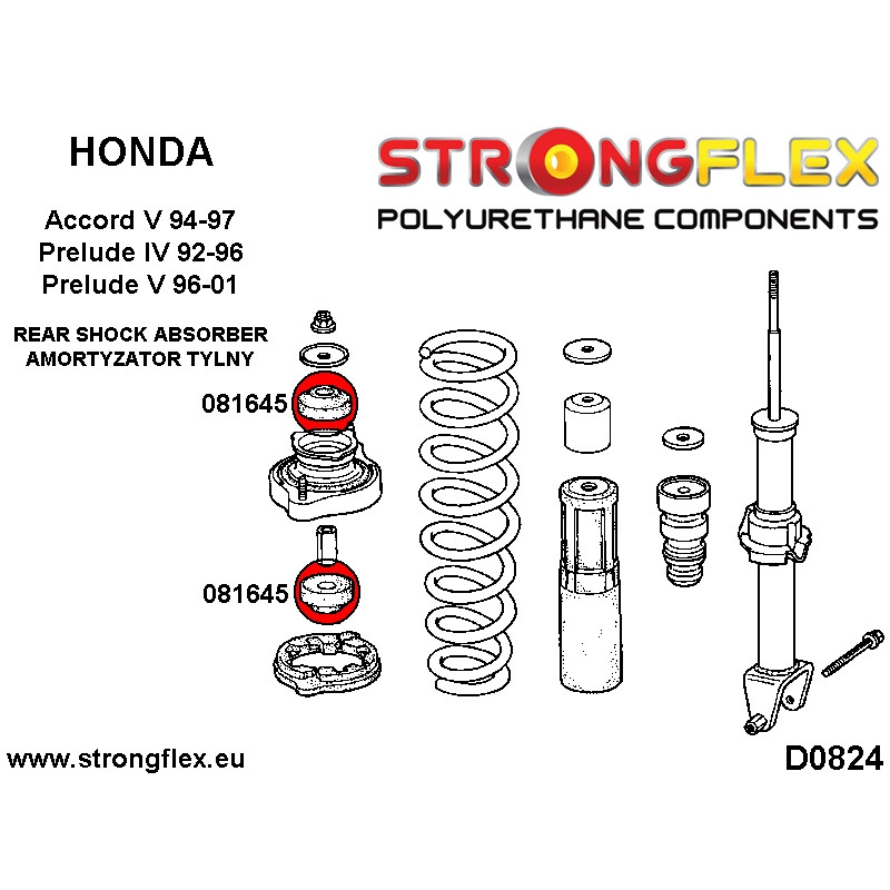 STRONGFLEX|081645A: Rear shock absorber mount bush SPORT Honda Accord V 94-97 Prelude IV 92-96 BA/BB 96-01 diagram scheme:D0824