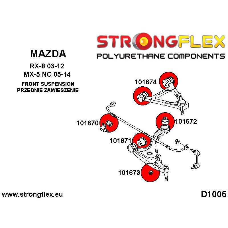 STRONGFLEX|101670A: Tuleja stabilizatora przedniego SPORT Mazda MX-5/Miata Roadster III 05-14 NC RX-8 diagram schemat:D1005