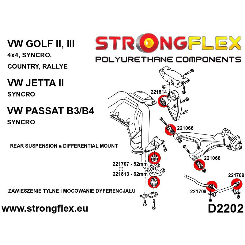 STRONGFLEX|221707A: Buchse Hinterachsträger Aufhängung, Tonnenlager 52mm SPORT Volkswagen Golf II 83-92 19E/1G