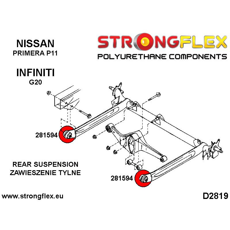 STRONGFLEX|281594A: Tuleja belki tylnej SPORT Nissan Primera II 95-02 P11/WP11 Infiniti G G20 98-02 diagram schemat:D2819