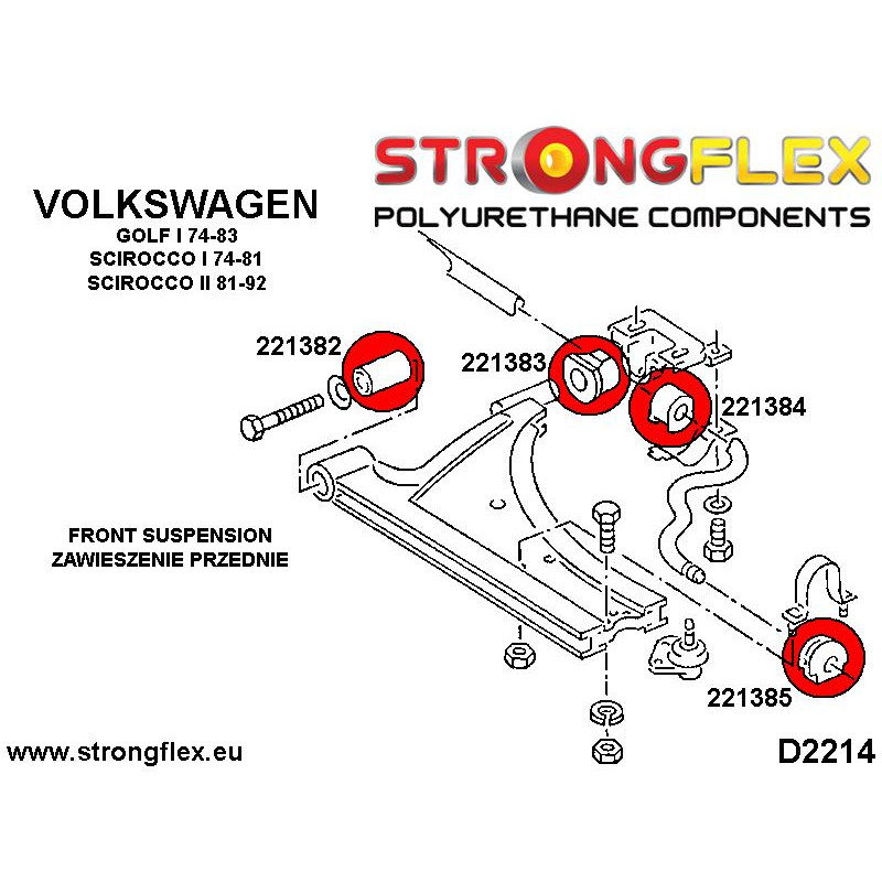 STRONGFLEX|221382B: Front wishbone front bush Volkswagen Golf I 74-93 17 Jetta 79-84 A1 Scirocco 74-81 II diagram scheme:D2214