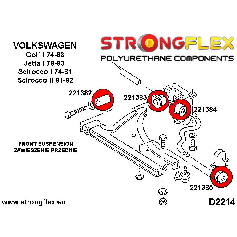 STRONGFLEX|226207B: Zestaw tulei zawieszenia Volkswagen Golf I 74-93 17 Jetta 79-84 A1 Scirocco 74-81 II diagram schemat:D2214