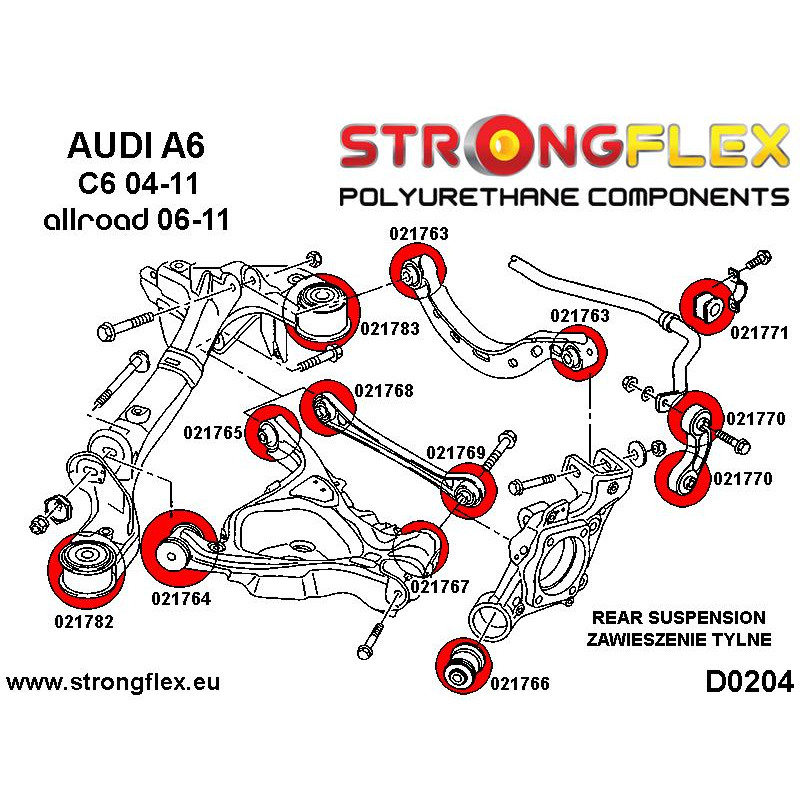 STRONGFLEX|021763A: Rear upper arm bush SPORT Audi A6/S6 RS6 C6 04-11 Quattro Allroad FWD 07-10 A4 S4 RS4 diagram scheme:D0204