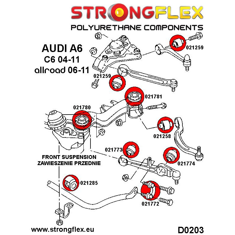 STRONGFLEX|026210B: Polyurethan Buchsensatz für Vorder- und Hinterachse Audi A6/S6 RS6 C6 04-11 Quattro Diagramm Schema:D0203