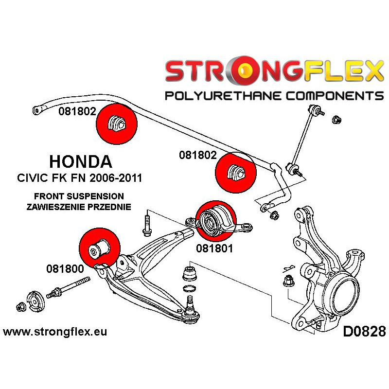 STRONGFLEX|081800A: Front lower arm front bush SPORT Honda Civic VIII 06-12 FK/FN FA FD FG Hatchback FK/FN 3D/5D FN2