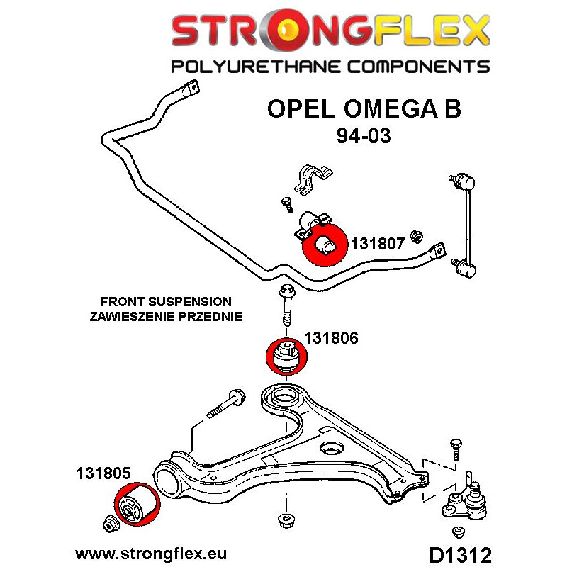 STRONGFLEX|131805A: Front lower wishbone front bush SPORT Opel/Vauxhall Omega B 94-99 FL diagram scheme:D1312