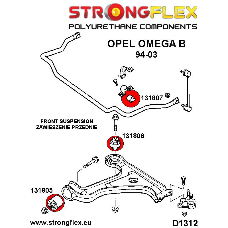 STRONGFLEX|131807A: Front anti roll bar bush SPORT Opel/Vauxhall Omega B 94-99 FL diagram scheme:D1312