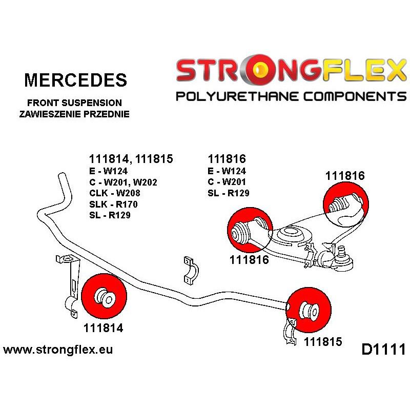 STRONGFLEX|111816A: Front lower arm bush SPORT Mercedes SL R129 89-01 W201 82-94 190 Class E W124 84-97 RWD diagram scheme:D1111