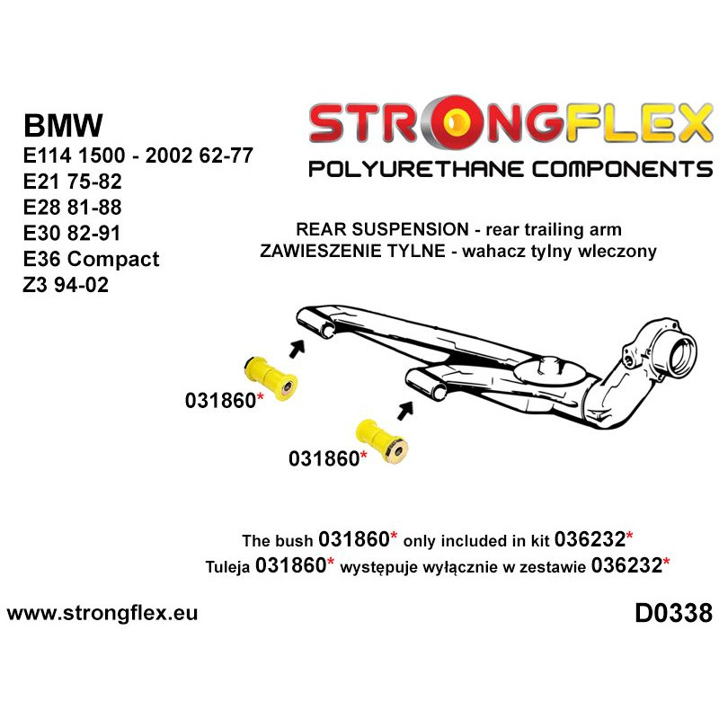 STRONGFLEX|036232A: Rear trailing arm bush kit eccentric SPORT BMW Seria 3 I 75-82 E21 II 82-91 E30 III diagram scheme:D0338