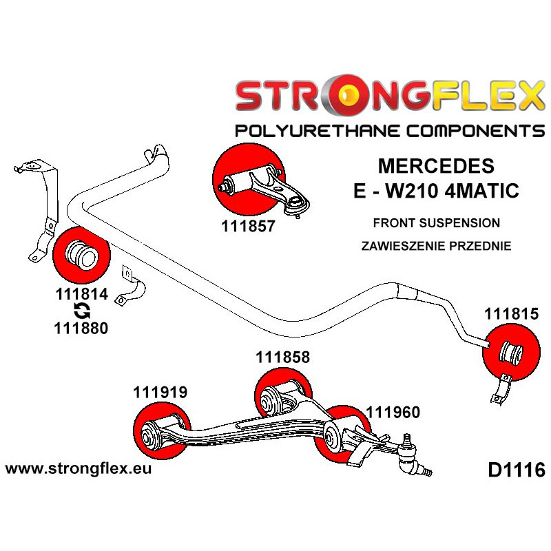 STRONGFLEX|111858A: Front lower arm - front / rear bush SPORT Mercedes Class C W202 93-01 E W210 95-03 diagram scheme:D1116