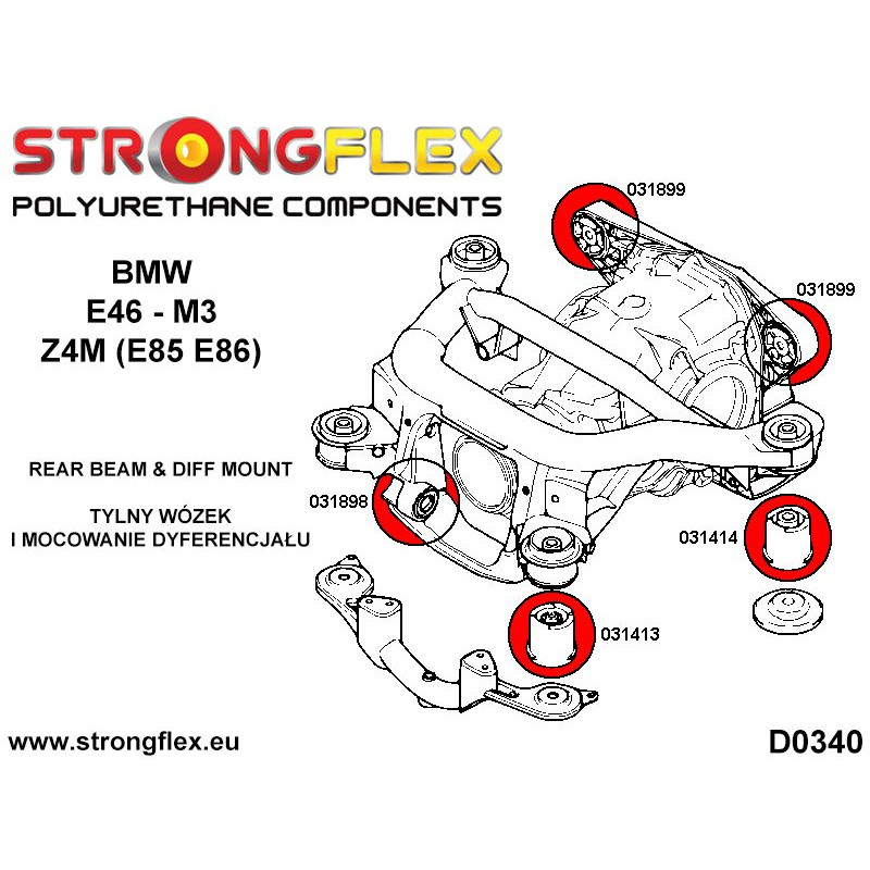 STRONGFLEX|031898A: Tuleja tylnego dyferencjału – przednia M3 SPORT BMW Seria 3 IV 98-07 E46 00-06 M3 diagram schemat:D0340