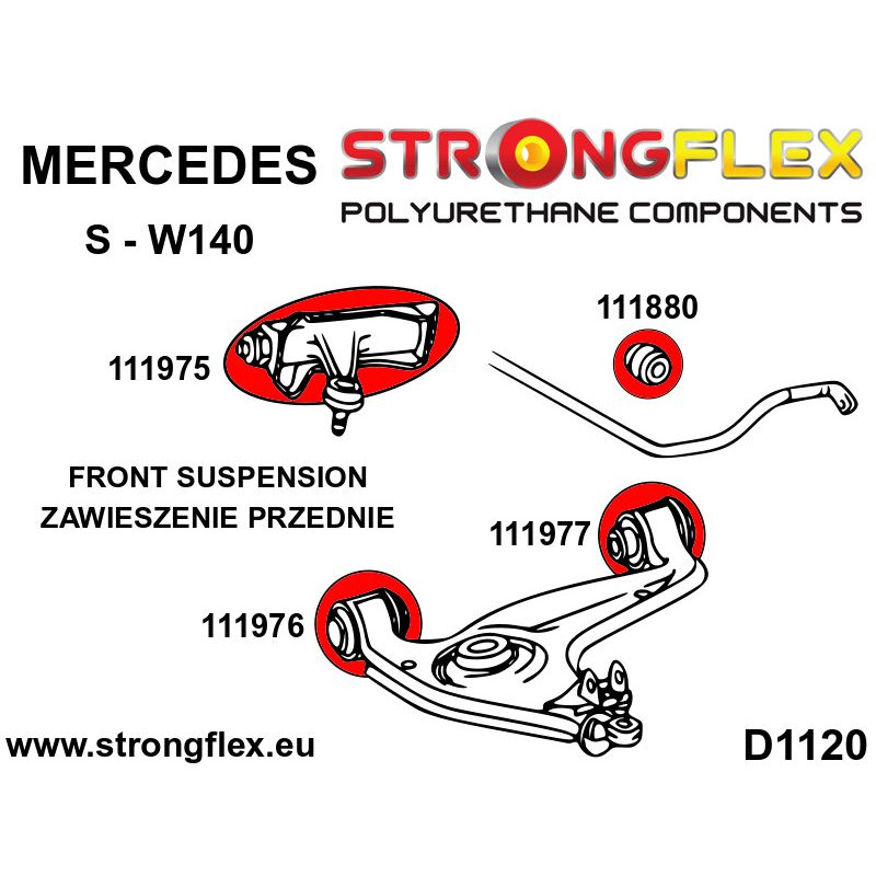 STRONGFLEX|111880A: Tuleja stabilizatora przedniego SPORT Mercedes Klasa E W210 95-03 4MATIC S W140 91-98 diagram schemat:D1120