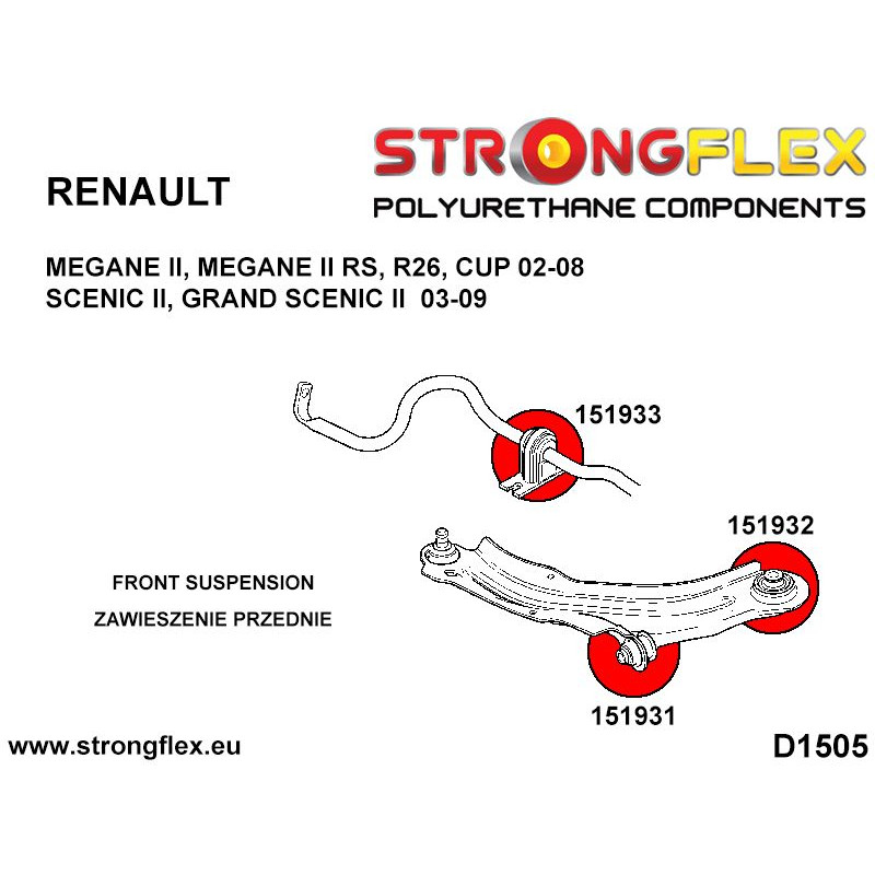 STRONGFLEX|151931A: Front lower arm - front bush SPORT Renault Scenic II 03-09 Grand I Mégane 02-12 04-09 diagram scheme:D1505