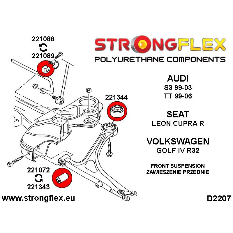 STRONGFLEX|226121B: Kompletny zestaw zawieszenia Audi A3/S3 RS3 I 96-03 8L 99-03 Quattro TT TTS TTRS 8N diagram schemat:D2207