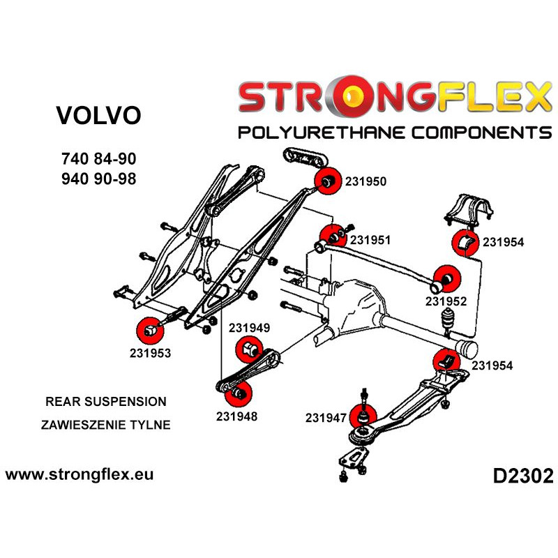 STRONGFLEX|231947A: Hinterachse Längslenkerbuchse SPORT Volvo seria 700 740 84-92 900 940 90-98 760 Diagramm Schema:D2302