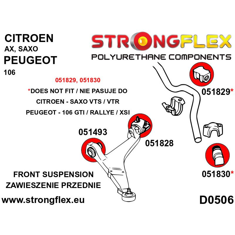 STRONGFLEX|051829A: Front anti roll bar bush SPORT Citroën AX 86-98 Saxo/Chanson 96-04 Peugeot 106 diagram scheme:D0506