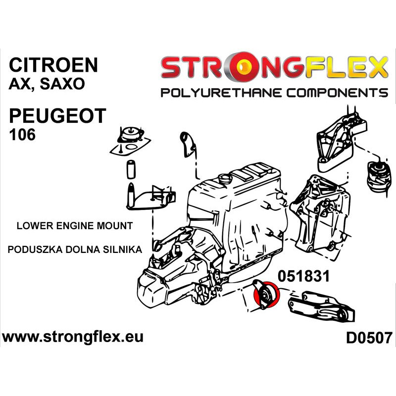 STRONGFLEX|051831B: Poduszka silnika dolna 65mm Citroën AX 86-98 Saxo/Chanson 97-99 VTS VTR Xsara 97-05 diagram schemat:D0507