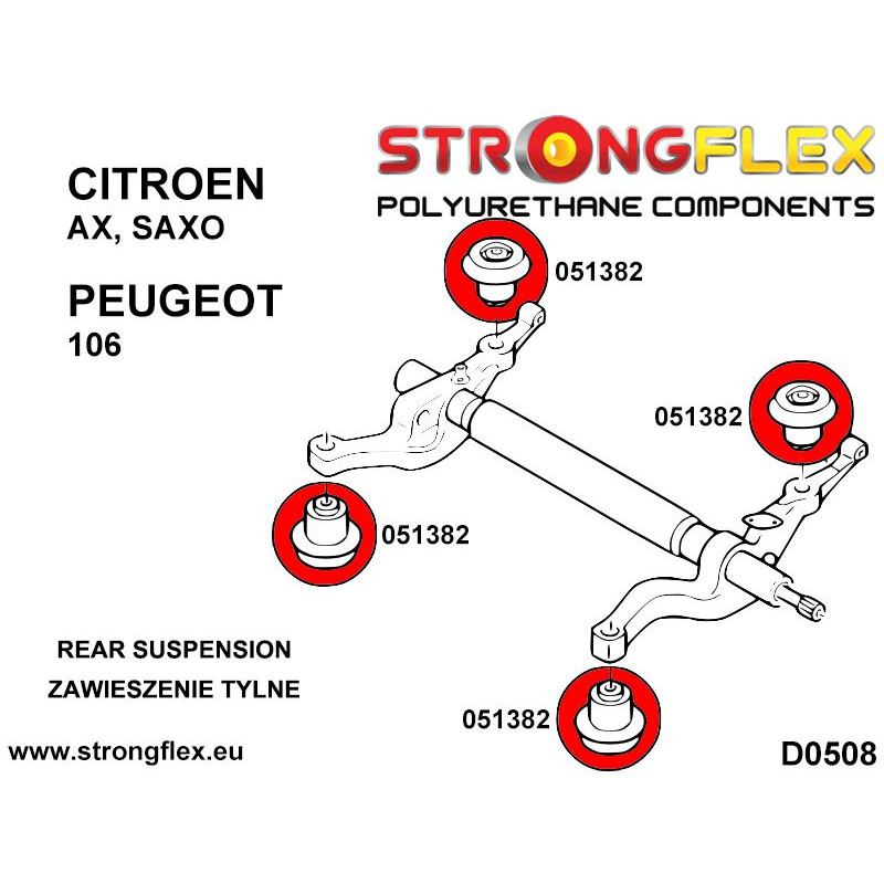 STRONGFLEX|051382A: Tuleja belki tylnej SPORT Citroën AX 86-98 Saxo/Chanson 97-99 VTS VTR Peugeot 106 diagram schemat:D0508